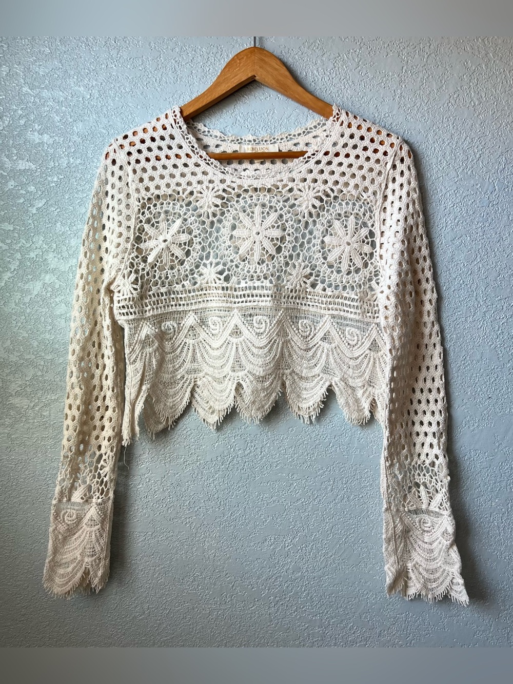 Rebellion Cream Crochet Lace Crop Top Boho Festival Sheer Long Sleeve S